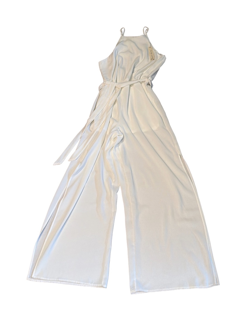 NWT She+Sky White Jumpsuit Large Halter belted split leg adjustable graduation